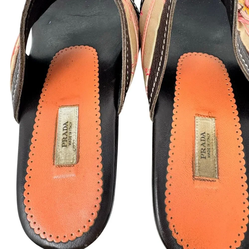 Prada Vintage Floral Fabric Platform Wedge Sandals Orange Patent Leather EU 38 - Picture 7 of 9